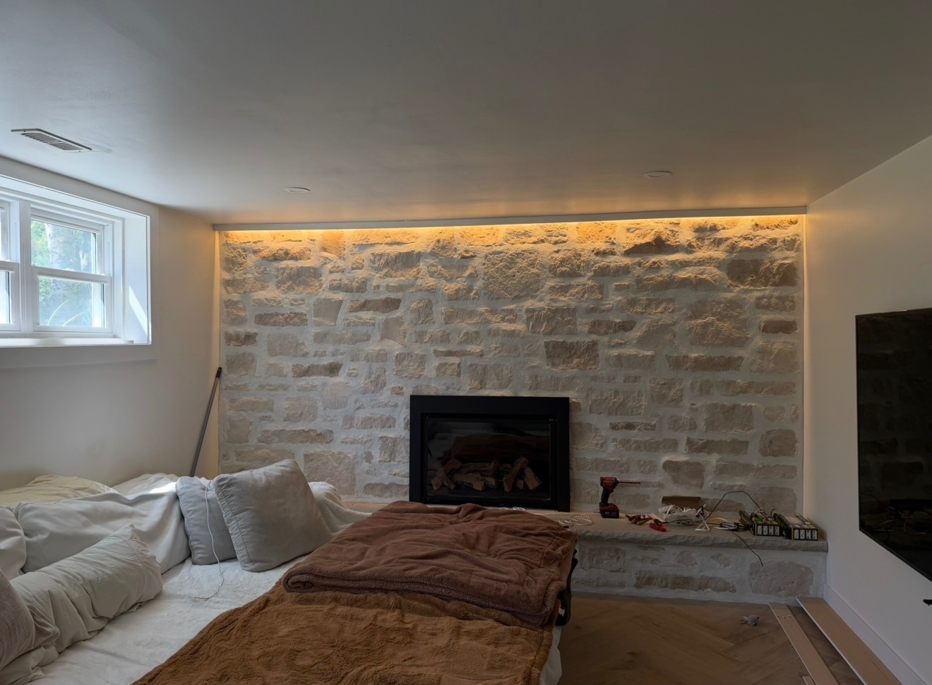 Completed natural stone fireplace
