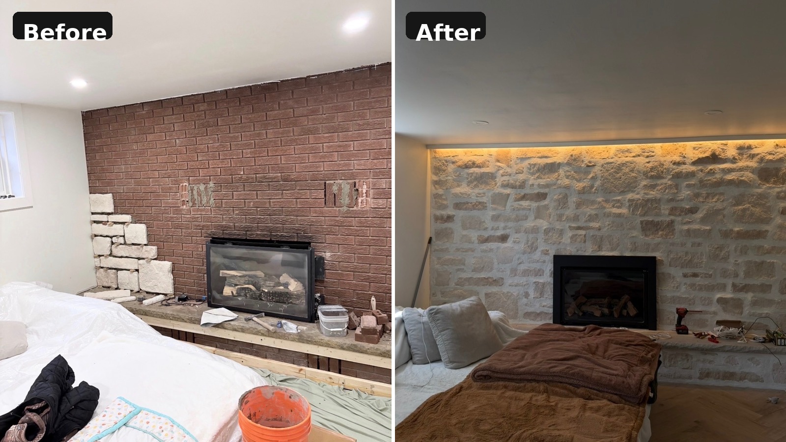 Before and after custom fireplace transformation