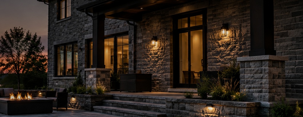 Stone exterior and hardscaped patio at dusk